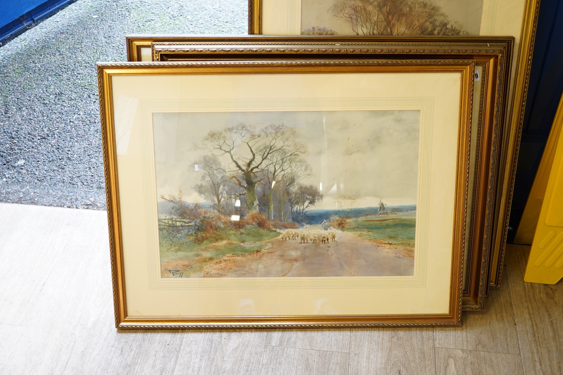 Henry Charles Fox (1860-1929), watercolour, Shepherd with flock of sheep, signed and dated '97, 36 x 54cm. Condition - fair to good